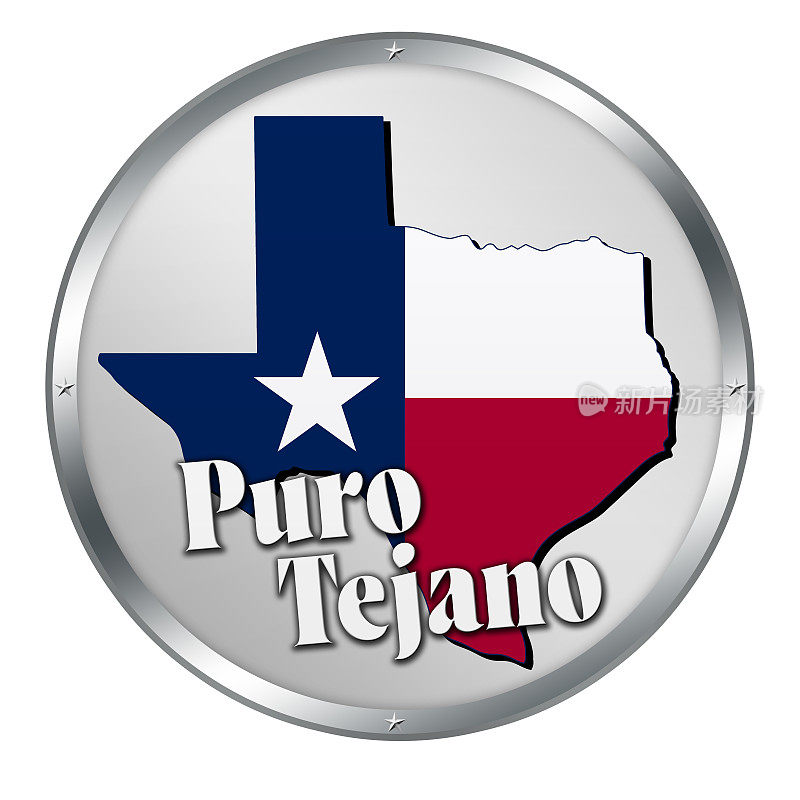 Puro Tejano与德克萨斯州形状和旗帜在一个圆形按钮插图